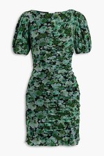 Ganni Green Floral Ruched Mesh Mini Dress NWT Size 42 US 10-12