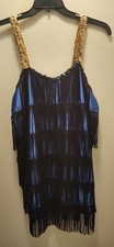 Flapper Style Dress Blue With Black Fringe Gold Sequence Shoulder Straps