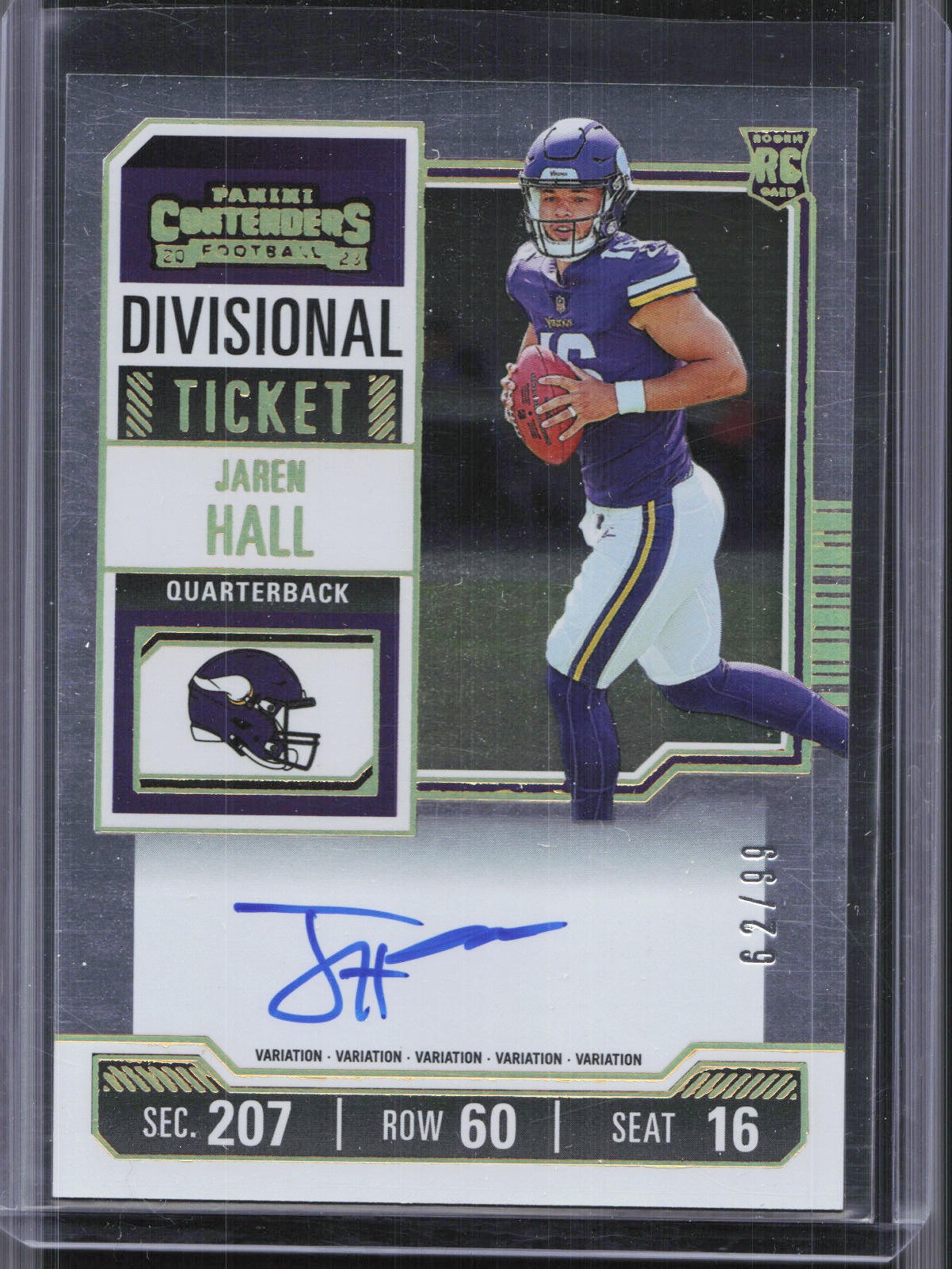 2023 Panini Contenders #116 Jaren Hall Rookie Divisional Ticket Auto #/99