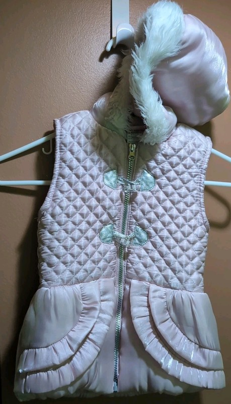 Little Lass: Pink/Silver/White, Hooded, Full Zip Puffer Vest Jacket, Size 6
