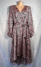 Quiz pink & black leopard print satin long-sleeve belted dip-hem midi dress, 12