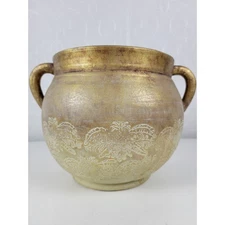 R&D Pottery Planter Gold Medium Ceramic Round Urn Vase  Double Handle Heavy