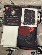 Ed Hardy 14pc Shower Curtain Set Black Skull Flowers Silver Chains 72x72 New
