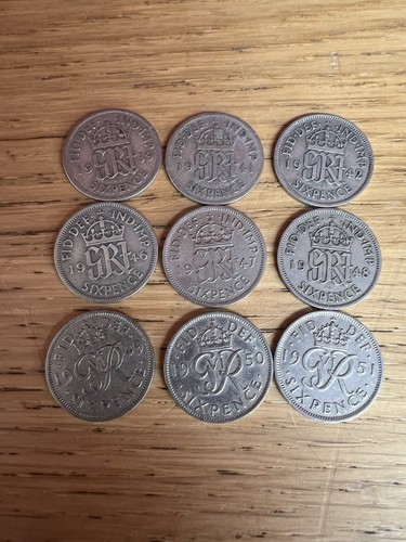 Lotto lavoro monete sei pence Giorgio VI 1939 1941 1942 1946-1951 X 9 monete - Foto 2 di 14