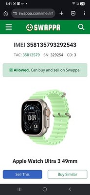 Apple Watch Ultra 3 49mm Titanium Silver Case 64GB GPS iOS Green Band