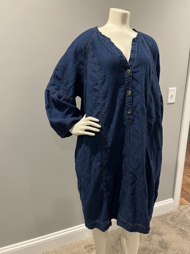 SOFT SURROUNDINGS 2XL Linen/Cotton Blue Denim Jean Chambray Dress Knee 3/4 - Picture 3 of 12