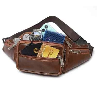 Sac Banane en Cuir Marron Unisexe Voyage, Sport, Randonnée, Smartphone - Photo 1/4
