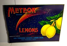 Meteor Brand Lemons Fruit Crate Label Space Age Comet Art Original Vintage 1930s