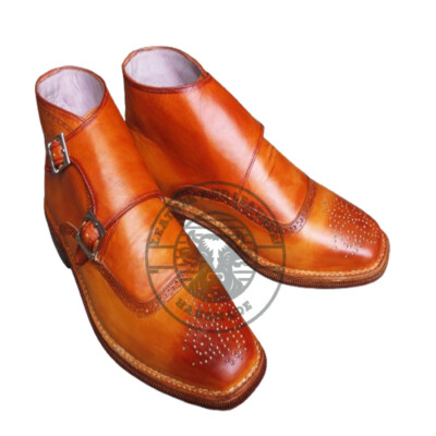 Handmade Tan Leather Brogue Toe Double Monk Boots. Men High Ankle Leather Boots