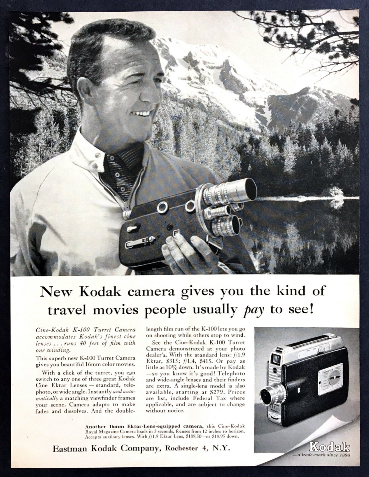 1957 Cine-Kodak K-100 Turret 16mm Color Movie Camera photo vintage print ad