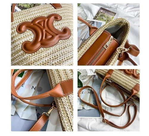 Bolso de Mano de Paja para Damas Bolso de Playa Bolso de Ratán + Banda para el Cuello de Seda Bolso de Gran Tamaño - Imagen 13 de 22