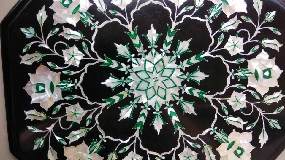 Royal Marble Table Top Semi Precious Stones Inlay Handmade Work Furniture 15" - Image 3 of 4