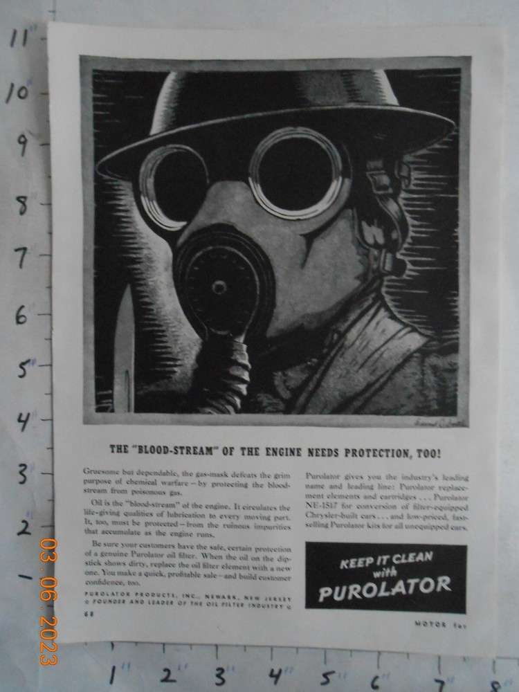 RARE 1941 WWII Purolator Gas Mask Vintage US Soldier Military Ad