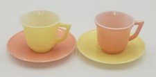 Glass Teacup Saucer Sets Modern Tone Little Hostess Pink and Yellow Hazel Atlas