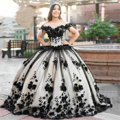 Princess Quinceanera Dresses Ball Gown Black 3D Flower Birthday Party Sweet 16 | eBay Princess Quinceanera Dresses Ball Gown Black 3D Flower Birthday Party Sweet 16 | eBay