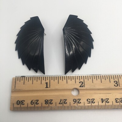 Unique Vintage Black Wing Art Deco Fan Blade Earrings 1  Wide 2'' Long Very Nice