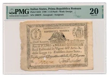 ITALIAN STATES (REPUBBLICA ROMANA) banknote 1 1/2 Paoli 1798 PMG VF 20 Very Fine