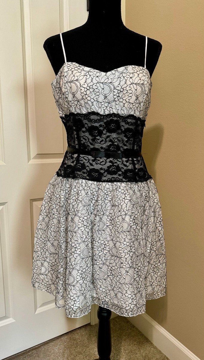 Finesse Juniors L White Floral Lace Dress Black Waist Lace Trim A-Line |  eBay