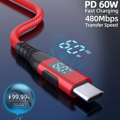 USB to Type C 60W Fast Charging Cable LED Display for Samsung Xiaomi Laptop