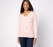 Isaac Mizrahi Live! Soho Printed Long Sleeve V-neck Top Orchid Haze L New