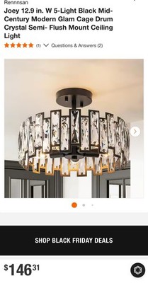 Rennnsan Joey 12.9 in. W 5-Light Black /Crystal Semi- Flush Mount Ceiling Light
