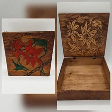 Antique Pyrography Christmas Wood Handkerchief Box Poinsettias Flemish Folk Art
