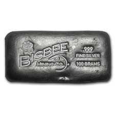 100 gram Silver Bar - Bisbee 92.03 per troy oz