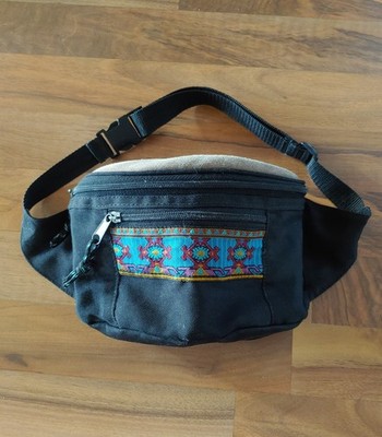VTg 90s Black Canvas Fanny Pack Southwestern Aztec Tribal Print Hip Bag Suede