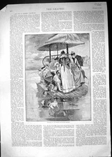 Original Old Antique Print 1890 Autumn Season Sudden Shower Seaside Scene Rain