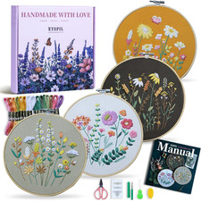 Embroidery Kit for Adults Teens, 4-Pack Floral Samplers, 2 Adjustable Hoops, P