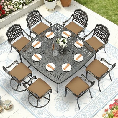 9 Piece Outdoor Furniture Dining Set Cast Aluminum Patio Table & Swivel Chairs