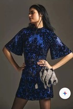 Anthropologie Womens Black Navy Blue Burnout Mock Neck Mini Dress US 6
