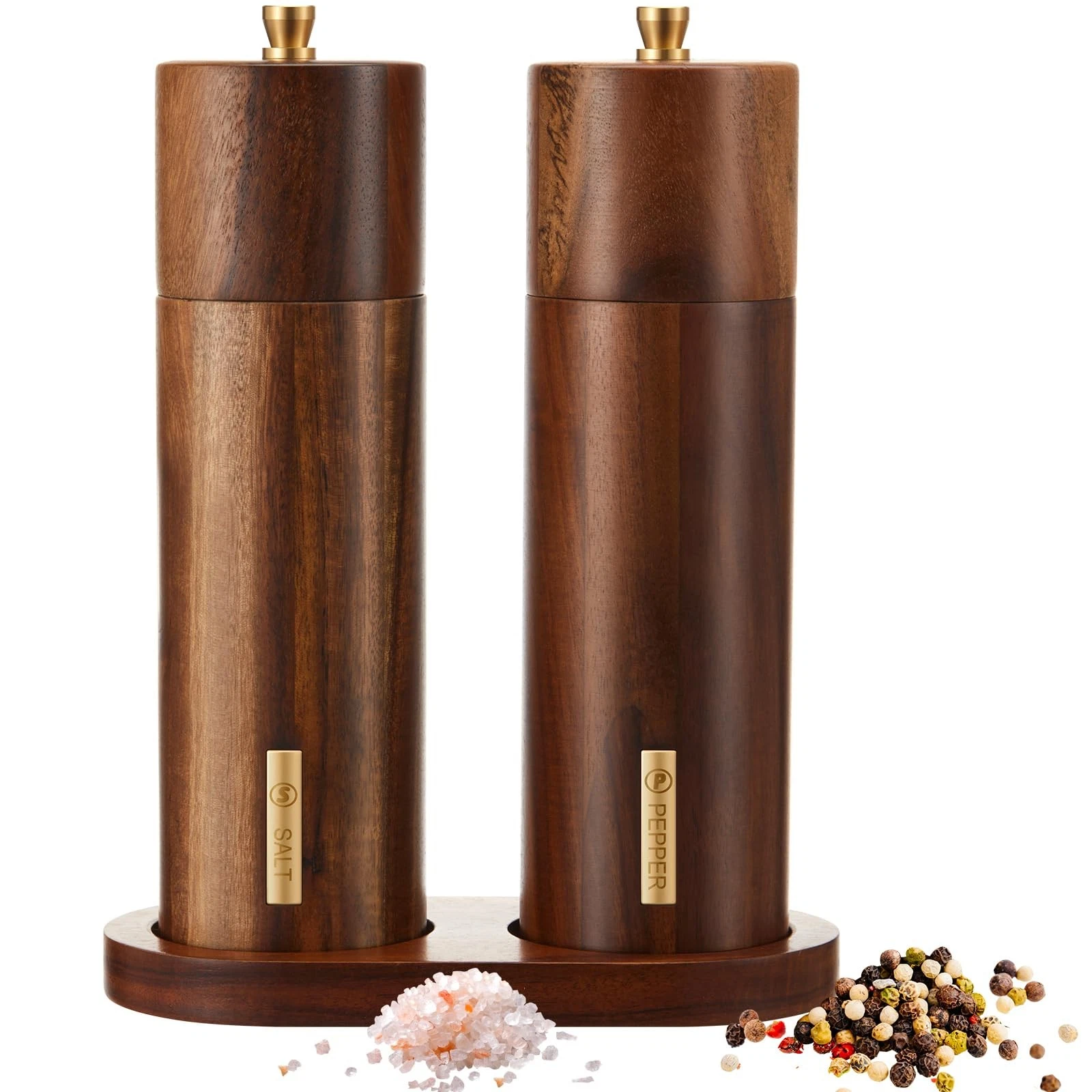 Wooden Salt and Pepper Grinder Set 8 Inch Manual Salt and Pepper Mill with Tr...