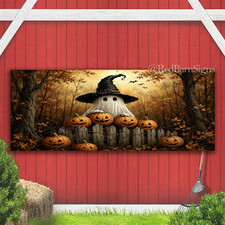 Ghostly Witch Hat Over Pumpkins Halloween Indoor Outdoor Banner Sign