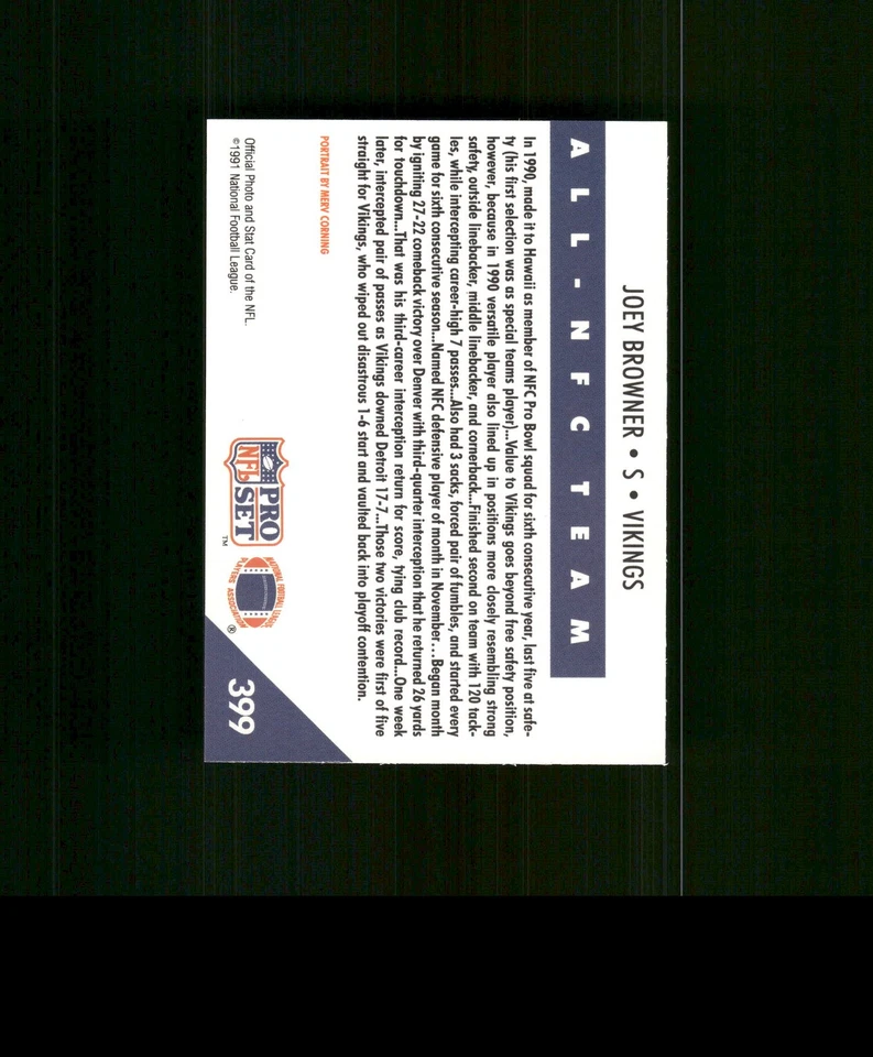 1991 Pro Set #287 Joey Browner Football Card Vikings - Image 2 of 2