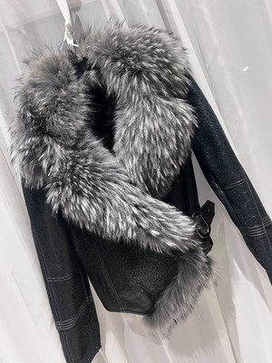 DAS Luxury Leather Jacket Black Silver Fox Real Fur Croc Effect Size XL Leather Jacket