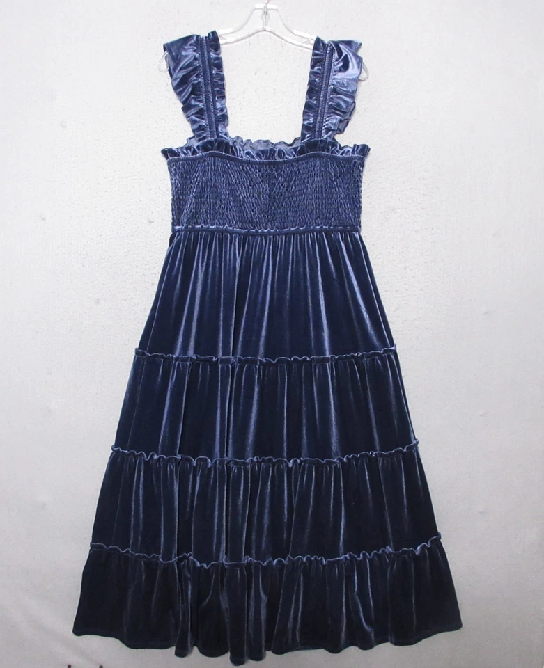 Crown Ivy Dress Large Navy Blue Velvet Ruffle Smocked Flowy Tiered Midi Boho - Image 2 of 4