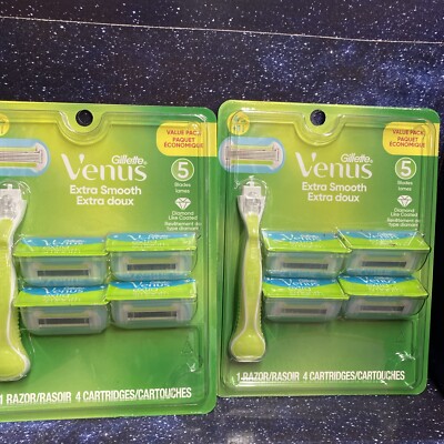2 X Gillette Venus Extra Smooth 5 Blade Razor With 4 Cartridges Free Shipping
