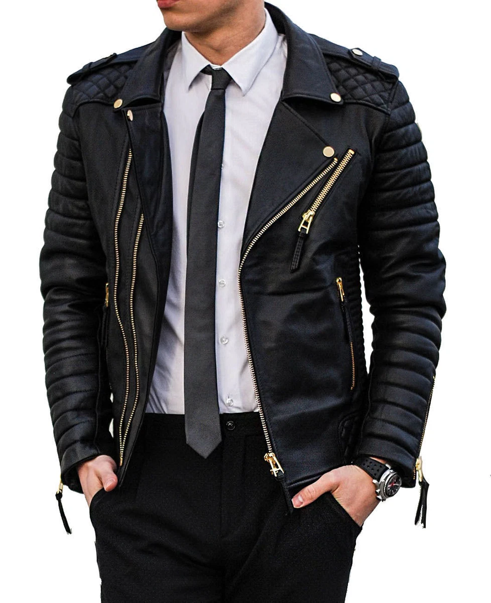 Leather jacket with shop gold detail