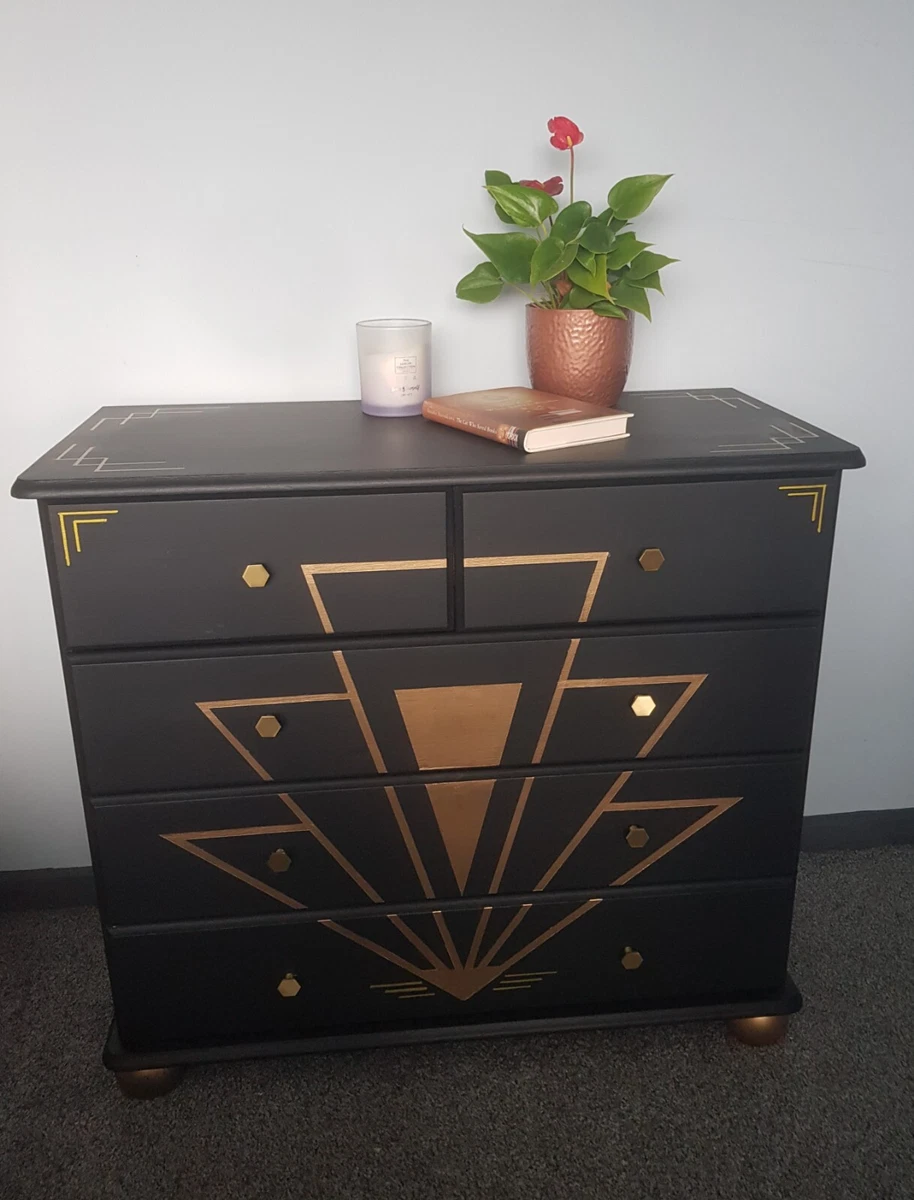 Solid pine art deco inspired upcycled chest of drawers with matching mirror