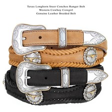 Western Belt Antique Gold Longhorn Steer Conchos Genuine Leather Cowboy Belt