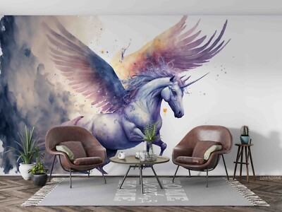 3D Unicorn Pegasus Ai Watercolor Self-adhesive Removable Wallpaper Murals