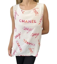 CHANEL Vintage CC Mark Logo Rouge Tank Top Cream Pink Orange Silk Sleeveless