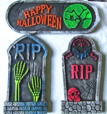 Halloween 3-piece Foam Graveyard Sign/Stake Decorations. Sign 19" Long, Stakes 1