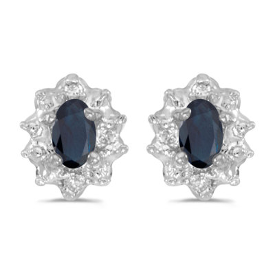 Ohrringe 10 Karat Weißgold ovaler Saphir und Diamant