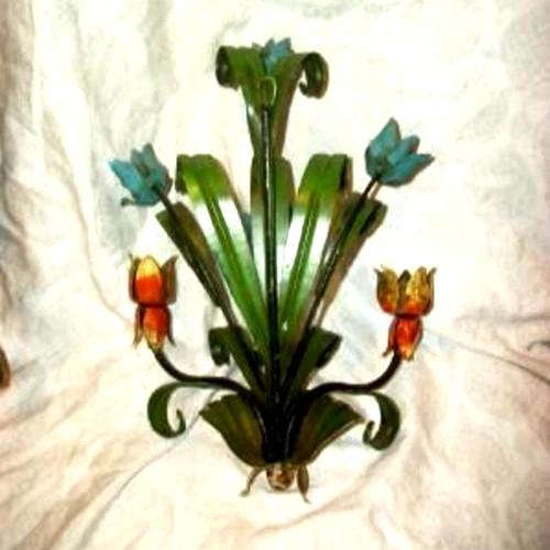 Arandelas Hollywood Regency Italian Tole ousado aqua laranja flores azuis 1960 - Imagem 4 de 4