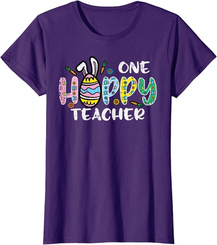 One Hoppy Teacher Cute Happy Easter Day Egg Bunny Ladies' Crewneck T-Shirt