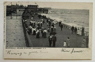 1906 NY Postcard Rockaway LI Boardwalk Holand Station crowd ocean waterfront
