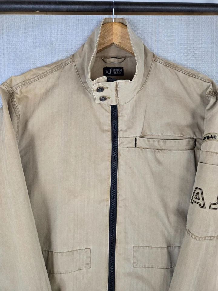 ARMANI JEANS Hombres Talla Grande Moto Camionero Chaqueta 100% Algodón Caqui Cremallera Completa Foto 3 de 4