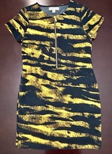 Michael Kors Yellow & Black Abstract Striped Zip Front Dress, Size S, Knit Dress